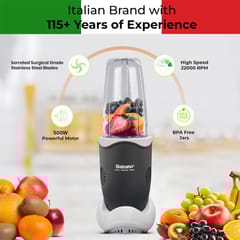 Balzano Bullet Mixer Grinder 500W, 3 Jars, 2 Blades, 3 Lids, Blender for Smoothies and Juices, Nutri Blender for Kitchen, Smoothie Maker, Italian Design, Made in India, Black